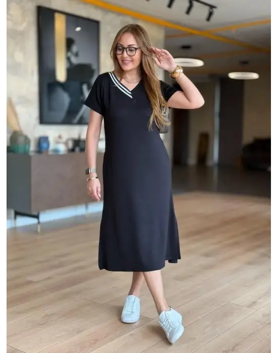 Kadın Kısa Kollu V Ribana Yakalı Yırtmaçlı Midi Viskon Iki Iplik Elbise