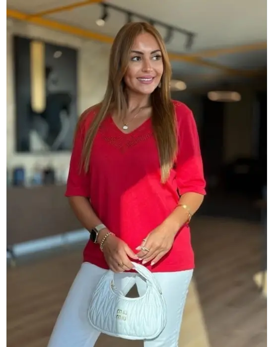 Kadın Kısa Kollu V Yaka Ajurlu Triko BluZ