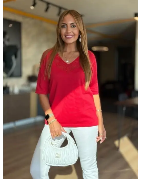 Kadın Kısa Kollu V Yaka Ajurlu Triko BluZ