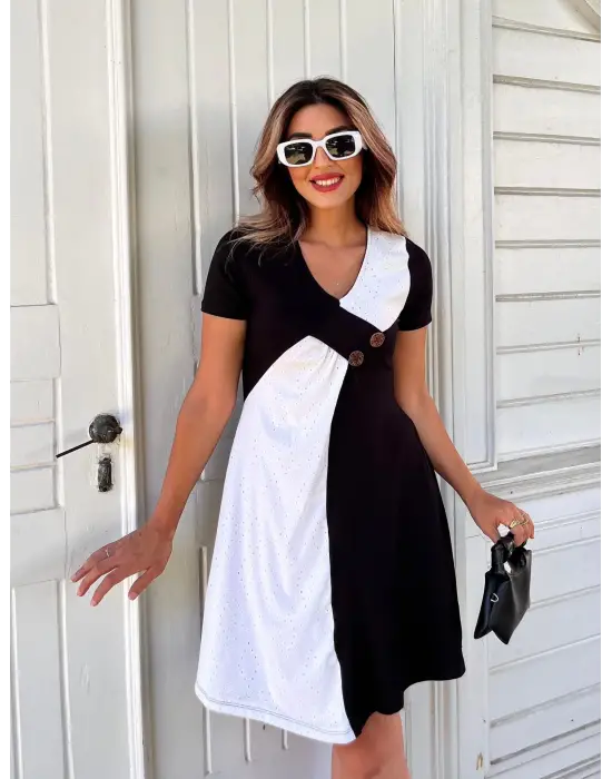 Omarı Asimetrik Siyah Beyaz Geçişli Diz üstü Elbise