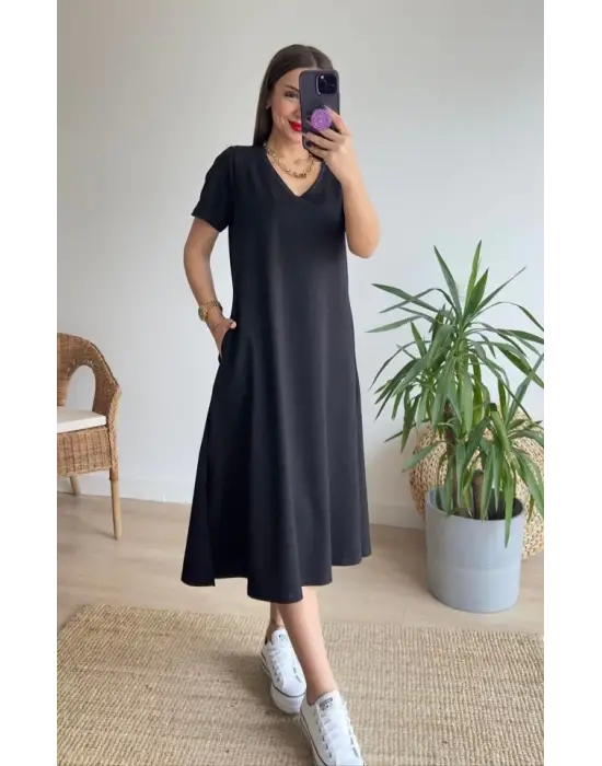 Omarı V Yaka Cepli A Kesim Kadın Elbise