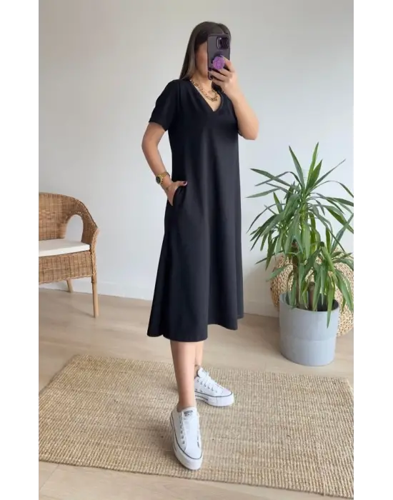 Kadın Kısa Kollu V Yaka Cepli A Kesim Detaylı Viskon Elbise