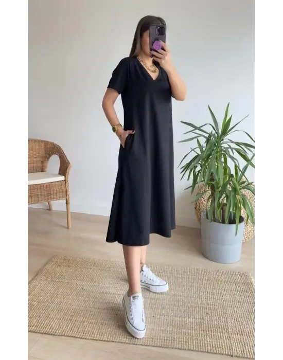 Omarı V Yaka Cepli A Kesim Kadın Elbise