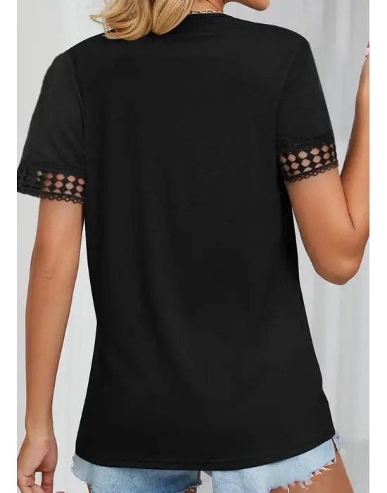 Kadın Kısa Kollu V Yaka Dantel Yakalı Viskon Bluz