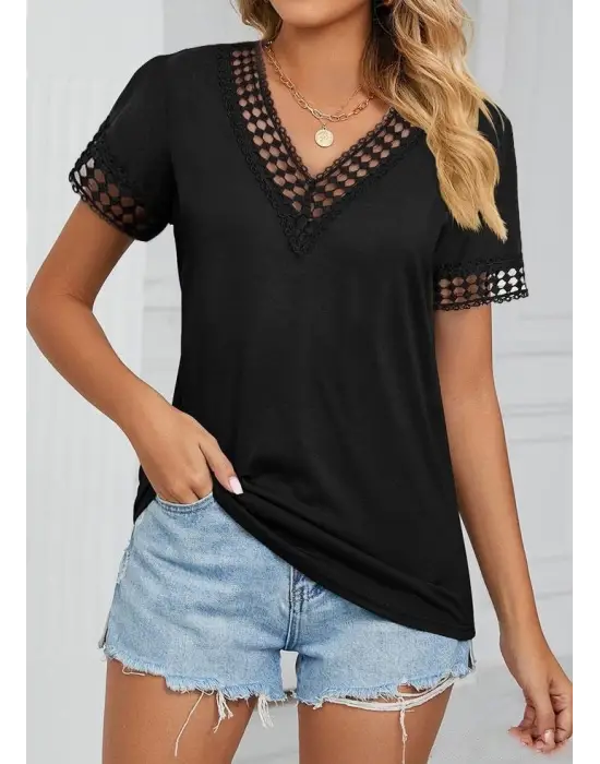 Omarı Elegan Dantel Detaylı Kadın V Yaka Bluz