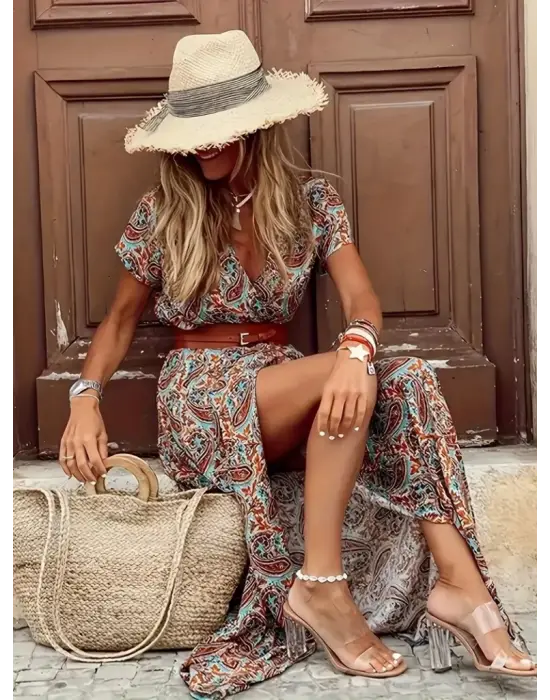 Kadın Kısa Kollu V Yaka Etnik Desenli Yırtmaç Detay Süprem Elbise (kemersiz)