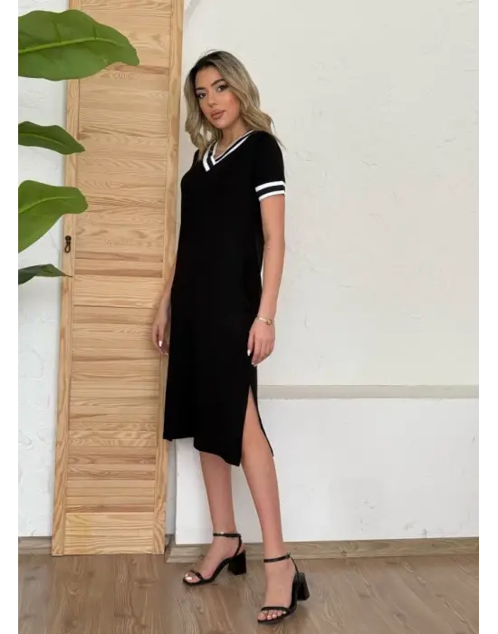 Kadın Kısa Kollu V Yaka Kol Ve Yaka Ribana Detay Midi Boy Viskon Elbise