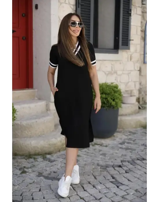 Kadın Kısa Kollu V Yaka Kol Ve Yaka Ribana Detay Midi Boy Viskon Elbise