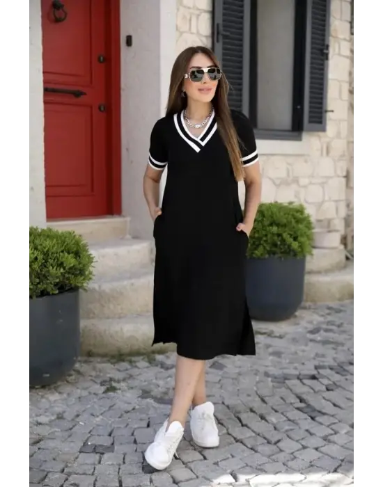 Kadın Kısa Kollu V Yaka Kol Ve Yaka Ribana Detay Midi Boy Viskon Elbise