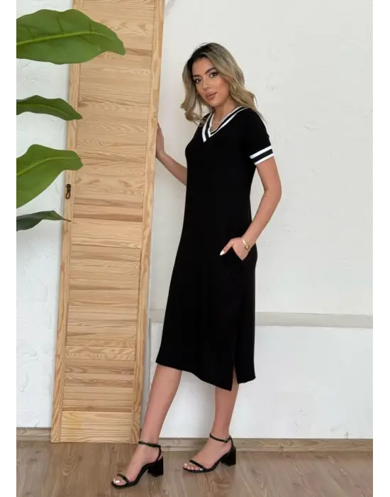 Kadın Kısa Kollu V Yaka Kol Ve Yaka Ribana Detay Midi Boy Viskon Elbise