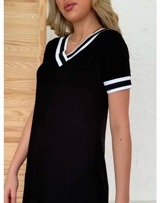 Kadın Kısa Kollu V Yaka Kol Ve Yaka Ribana Detay Midi Boy Viskon Elbise