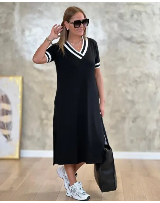 Kadın Kısa Kollu V Yaka Kol Ve Yaka Ribana Detay Midi Boy Viskon Elbise