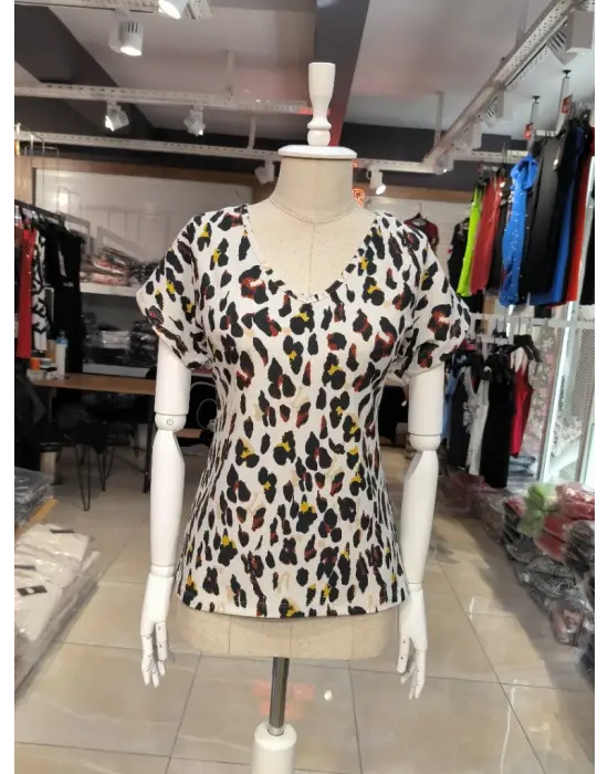 Omarı Hafif Kumaşlı Leopar Desen Bluz
