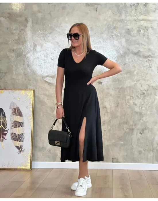 Kadın Kısa Kollu V Yaka Maxi Boy Elbise 124 Cm