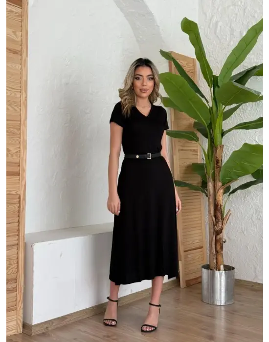 Kadın Kısa Kollu V Yaka Maxi Boy Elbise 124 Cm
