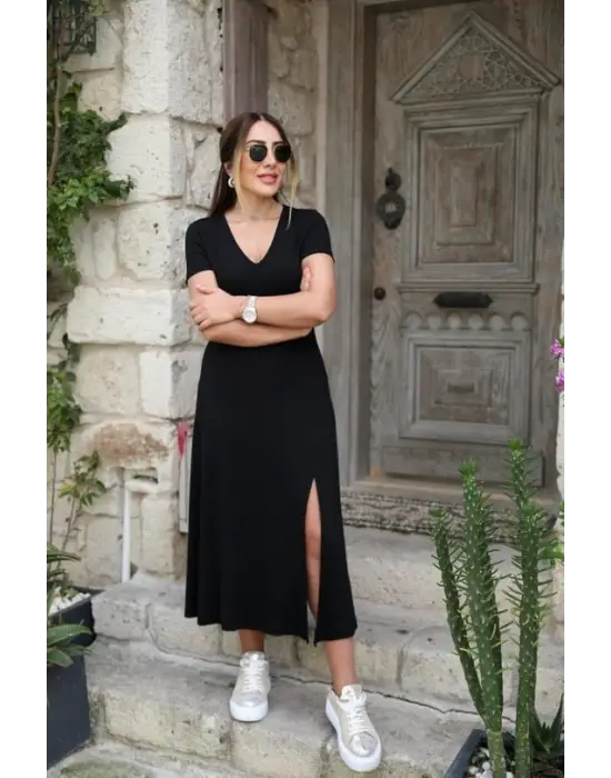 Kadın Kısa Kollu V Yaka Maxi Boy Elbise 124 Cm