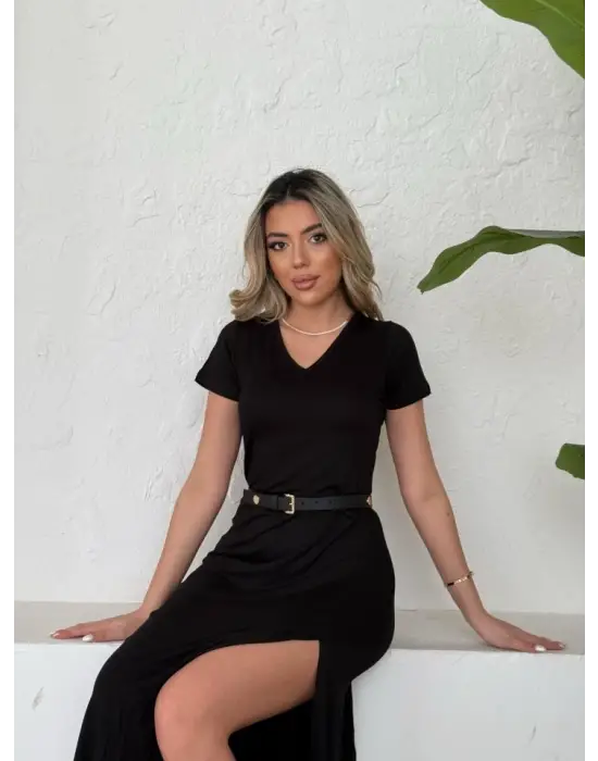 Kadın Kısa Kollu V Yaka Maxi Boy Elbise 124 Cm
