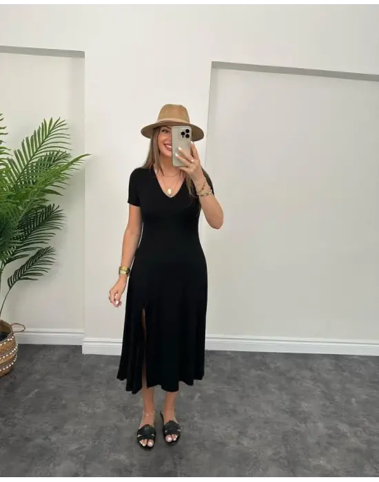 Kadın Kısa Kollu V Yaka Maxi Boy Elbise 124 Cm