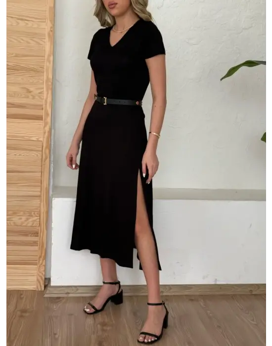 Kadın Kısa Kollu V Yaka Maxi Boy Elbise 124 Cm
