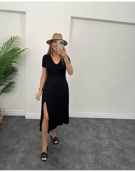 Kadın Kısa Kollu V Yaka Maxi Boy Elbise 124 Cm