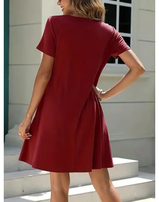 Kadın Kısa Kollu V Yaka önü Düğmeli Viskon Elbise