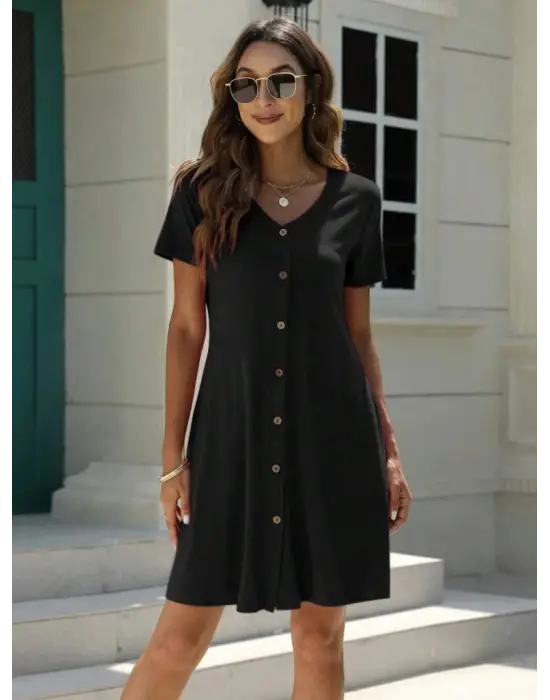 Kadın Kısa Kollu V Yaka önü Düğmeli Viskon Elbise