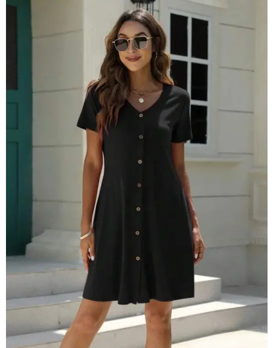 Omarı Şık Kadın V Yaka Düğmeli Elbise