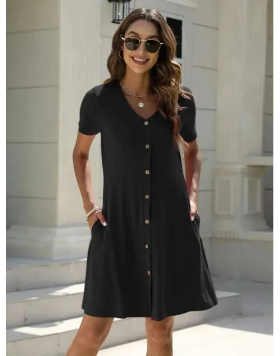 Omarı Şık Kadın V Yaka Düğmeli Elbise