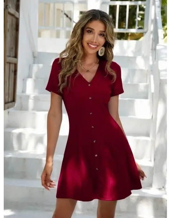 Kadın Kısa Kollu V Yaka önü Düğmeli Viskon Elbise