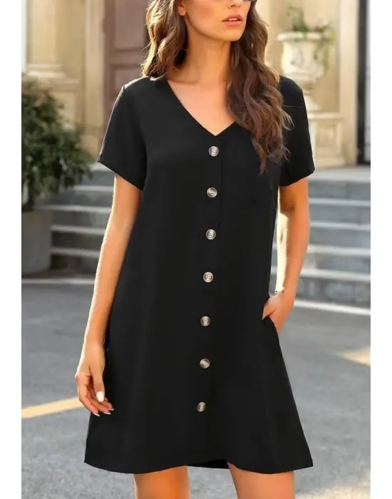 Omarı Şık Kadın V Yaka Düğmeli Elbise