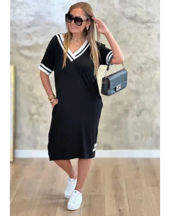 Kadın Kısa Kollu V Yaka Ribana Detaylı Cepli Dizüstü Viskon Elbise