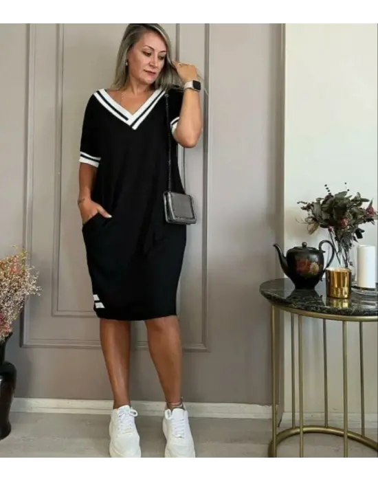 Kadın Kısa Kollu V Yaka Ribana Detaylı Cepli Dizüstü Viskon Elbise