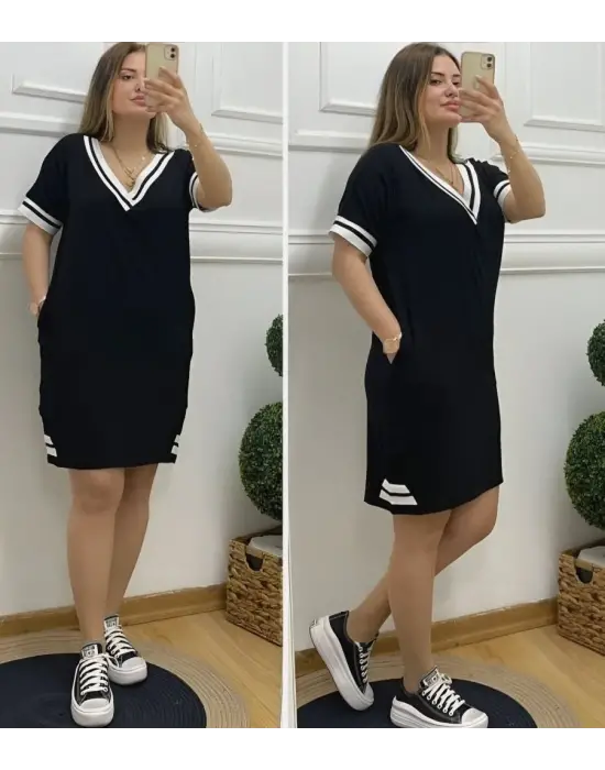 Kadın Kısa Kollu V Yaka Ribana Detaylı Cepli Dizüstü Viskon Elbise