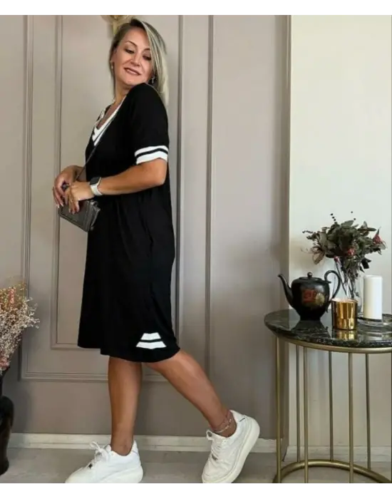 Kadın Kısa Kollu V Yaka Ribana Detaylı Cepli Dizüstü Viskon Elbise