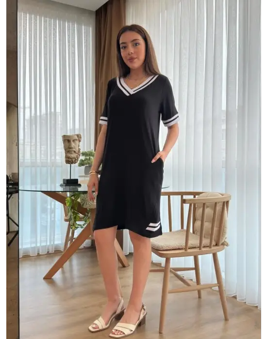 Omarı Kadın V Yaka Ribana Detaylı Cepli Viskon Elbise