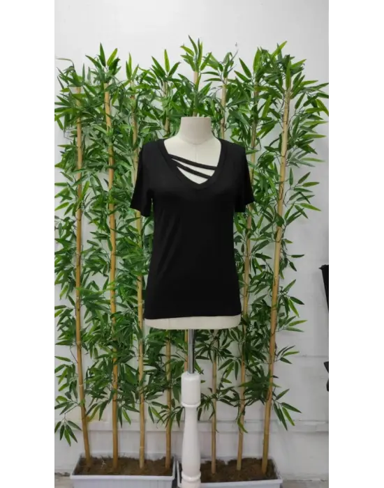 Kadın Kısa Kollu V Yaka şerit Detay Viskon Bluz