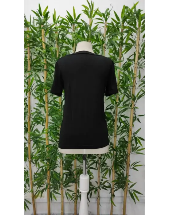 Kadın Kısa Kollu V Yaka şerit Detay Viskon Bluz