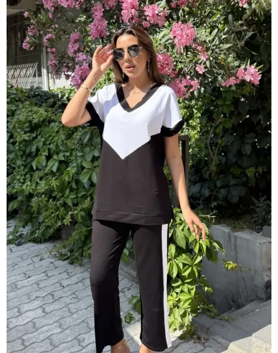 Kadın Kısa Kollu V Yaka Siyah Beyaz Renkli Viskon Iki Iplik Kumaş Eşofman Takımı