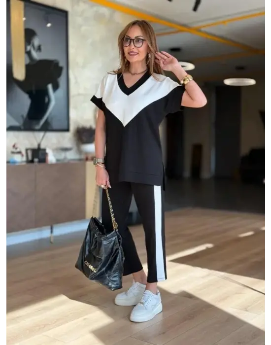 Kadın Kısa Kollu V Yaka Siyah Beyaz Renkli Viskon Iki Iplik Kumaş Eşofman Takımı