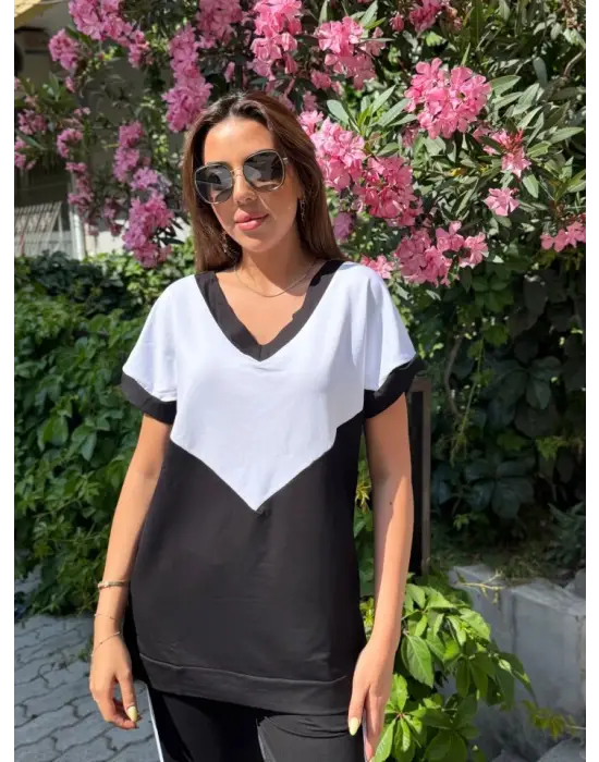 Kadın Kısa Kollu V Yaka Siyah Beyaz Renkli Viskon Iki Iplik Kumaş Eşofman Takımı