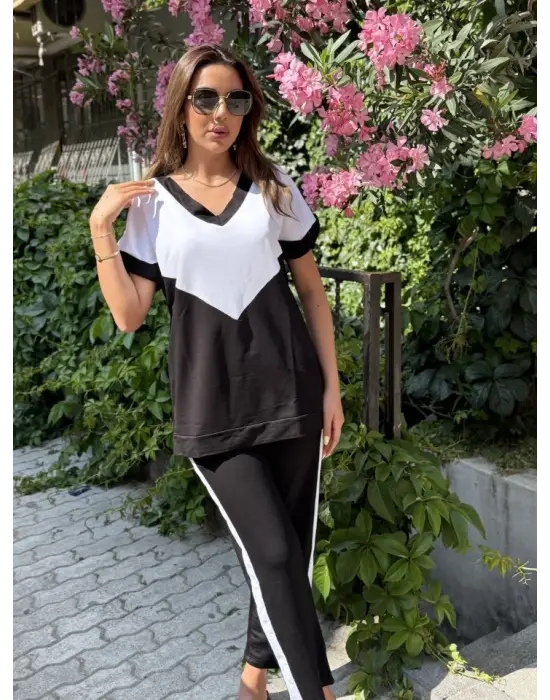 Kadın Kısa Kollu V Yaka Siyah Beyaz Renkli Viskon Iki Iplik Kumaş Eşofman Takımı