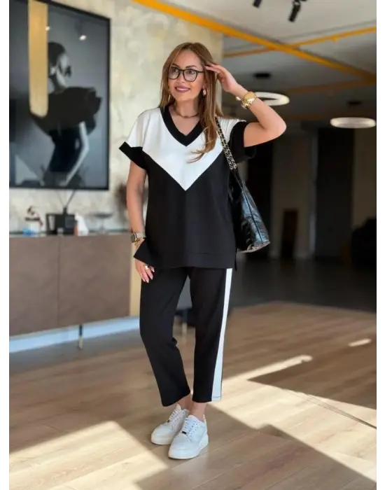 Kadın Kısa Kollu V Yaka Siyah Beyaz Renkli Viskon Iki Iplik Kumaş Eşofman Takımı