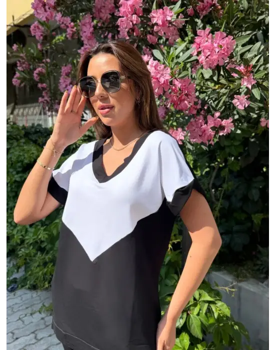 Kadın Kısa Kollu V Yaka Siyah Beyaz Renkli Viskon Iki Iplik Kumaş Eşofman Takımı
