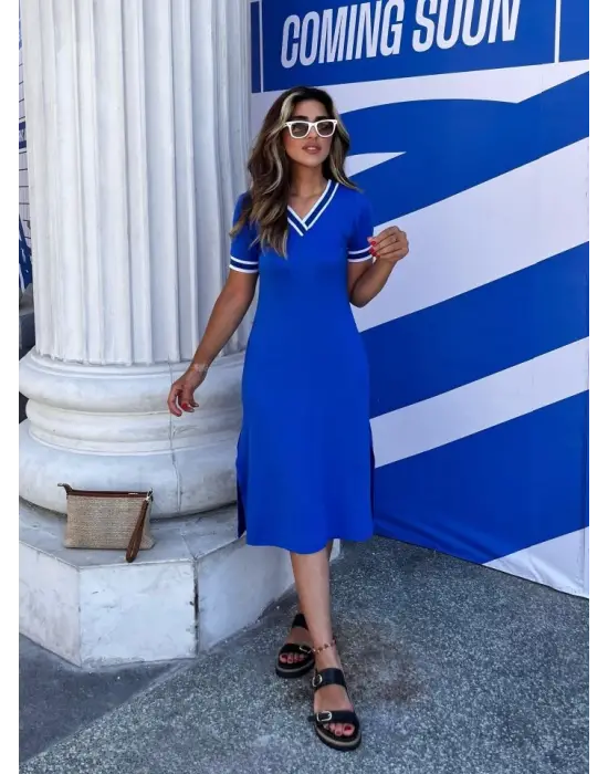 Omarı Şık V Yaka Ribana Detaylı Viscon Elbise