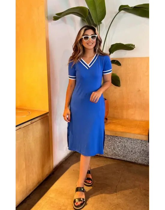 Omarı Şık V Yaka Ribana Detaylı Viscon Elbise