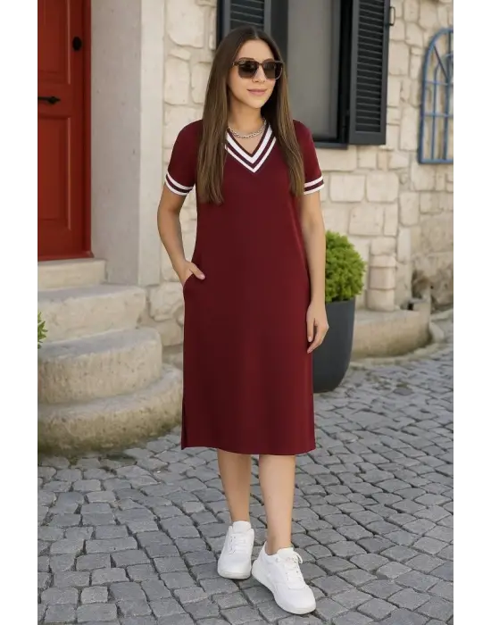 Omarı V Yaka Ribana Detaylı Kadın Midiboy Elbise