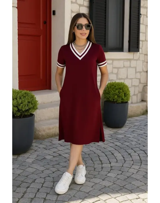 Omarı V Yaka Ribana Detaylı Kadın Midiboy Elbise