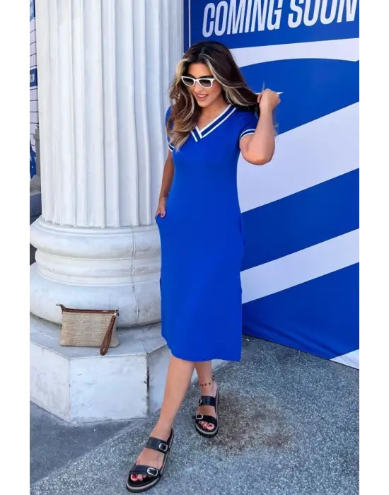 Omarı Şık V Yaka Ribana Detaylı Viscon Elbise