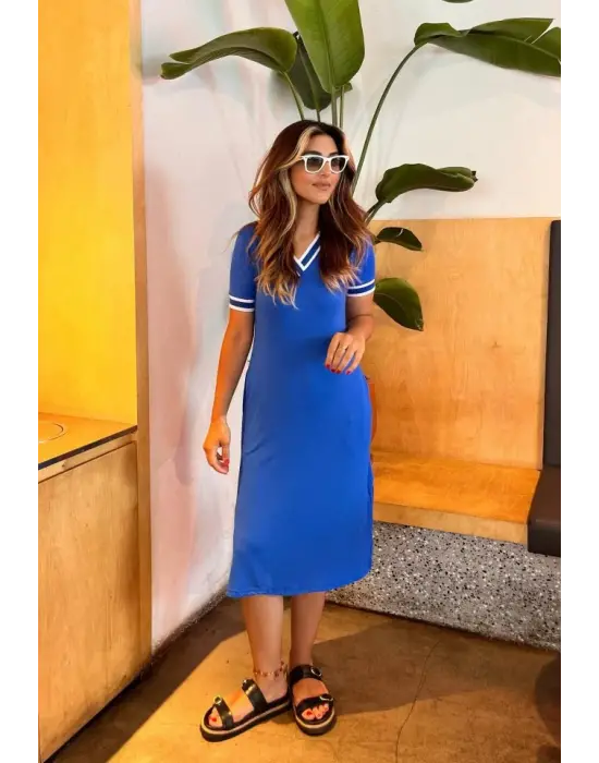 Omarı Şık V Yaka Ribana Detaylı Viscon Elbise