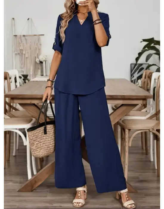 Kadın Kısa Kollu V Yakalı Aerobin Bluz Ve Pantolon Ikili Takım